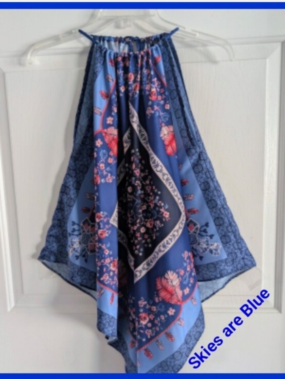 Skies Are Blue Navy & Light Blue Floral Asymmetrical Hanky Hem Halter Top